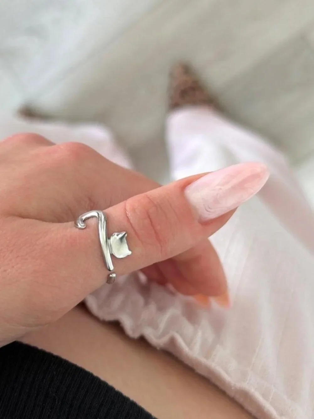 Sku0626 Silver Adjustable ring kitty cat Stainless steel + gift box